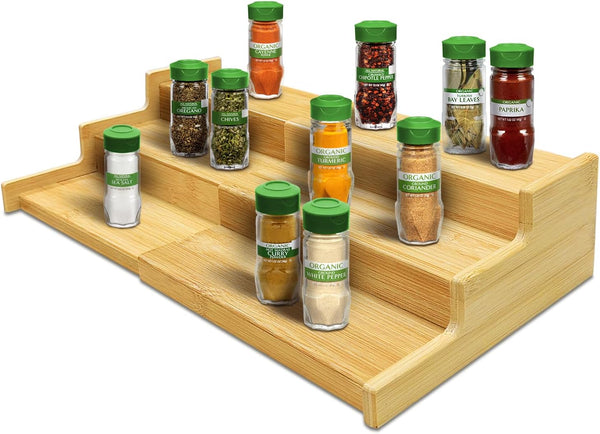 Spice Rack Organizer for Cabinet, 3 Tier Expandable Bamboo Storage for Kitchen Cabinet, Cupboard, Pantry