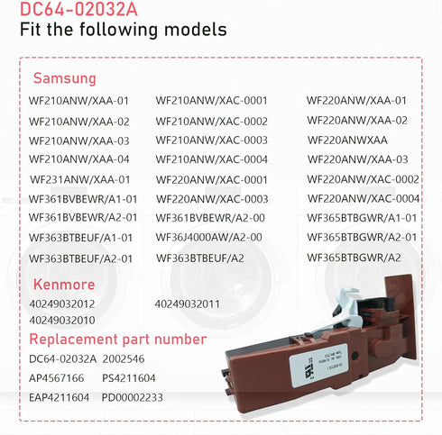 DC64-02032A Washer Door Lock for Samsung Kenmore Washing Machine, Door Lock Switch Replacement for 00648526-648526