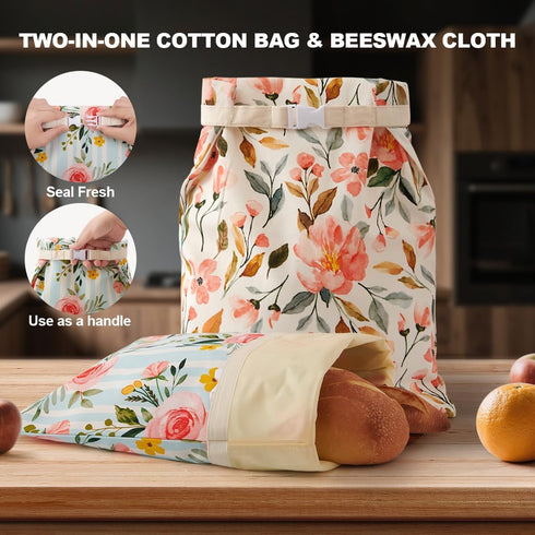 Augine 2 Pack Beeswax Bread Bag, Sourdough Bread Bags, Reusable Bread Bags for Homemade Bread, Organic Cotton Beeswax