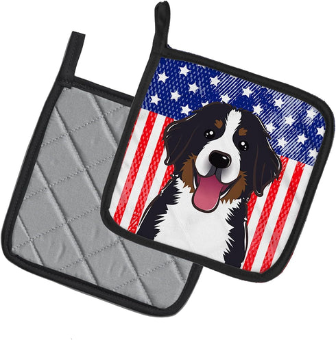 Caroline's Treasures American Flag and Bernese Mountain Dog Pot Holders, Heat Resistant Kitchen Set, 7 1/2 x 7 1/2