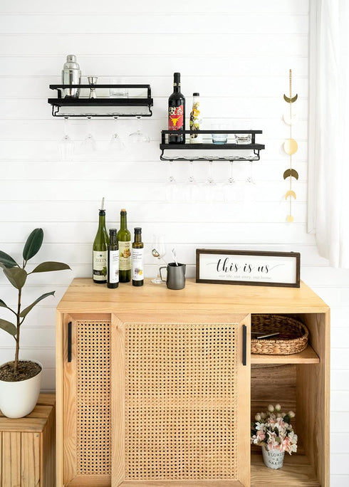 Set 2 Mkono Wall Mounted Wine Rack of Wood Shelf Rustic Wine Bottle Glass Floating Shelves with Stemware Hanger Modern