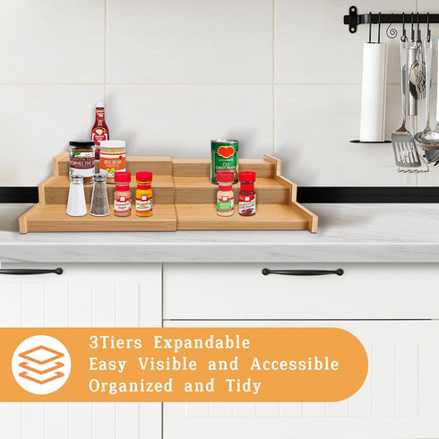 Expandable 3 Tier Bamboo Spice Rack Organizer, Great for Kitchen Cabinet, Cupboard, Pantry