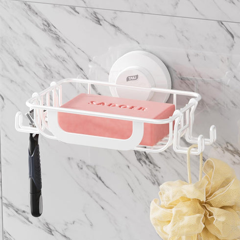 TAILI Soap Bar Holder Dish with Hooks, Shower Soap Tray Saver Suction