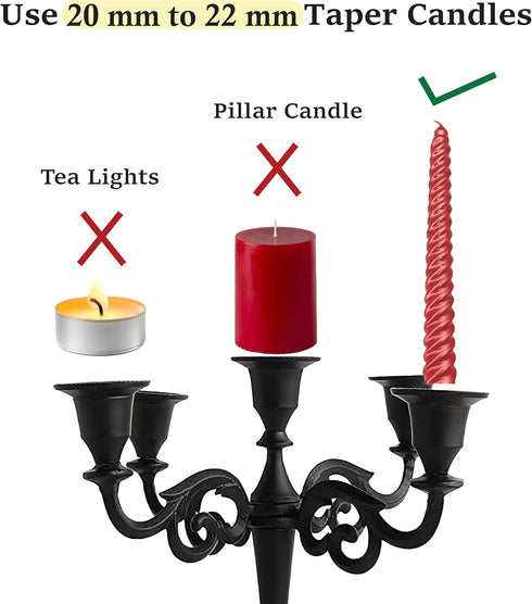 Rely+ 5 Arm Matte Black Candelabra, 10 Inch Tall Taper Candle Holders for Indoor Kitchen Décor, Gothic Home Decor
