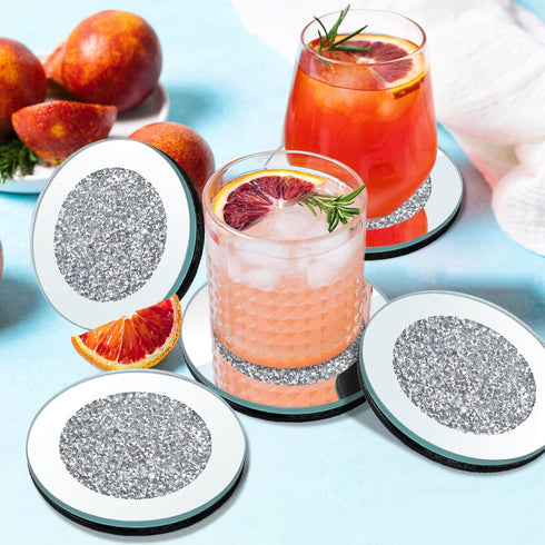 6 Set, 4 Inches Pcs Glass Mirrored Coasters for Drinks with Holder, Mckanti Crushed Diamond Coaster Silver Crystal Wine