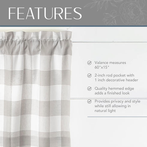 Elrene Home Fashions Buffalo-Check Valance, 60" x 15" for Bathroom or Kitchen Windows, Gray/White