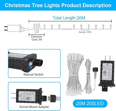 70FT 200LED 8 Christmas Lights Plug in,Outdoor Indoor Connectable Fairy Lights with Timer and Modes,Christmas Tree