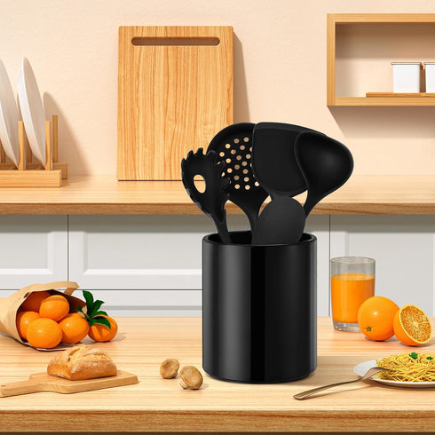 Utensil Holder Kitchen Utensil Holder for Countertop, Ceramic Cooking Utensil Holder for Kitchen Counter, Modern Spatula Holder Utensil Organizer Kitchen Decor, 6.5”H x 5.5”D Black