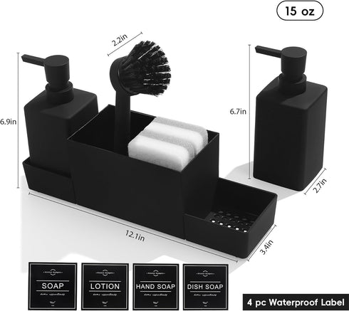 Set Kitchen Soap Dispenser with Sponge Holder for Sink Caddy, Hand Soap and Dish Soap Dispenser with Brush (Black)