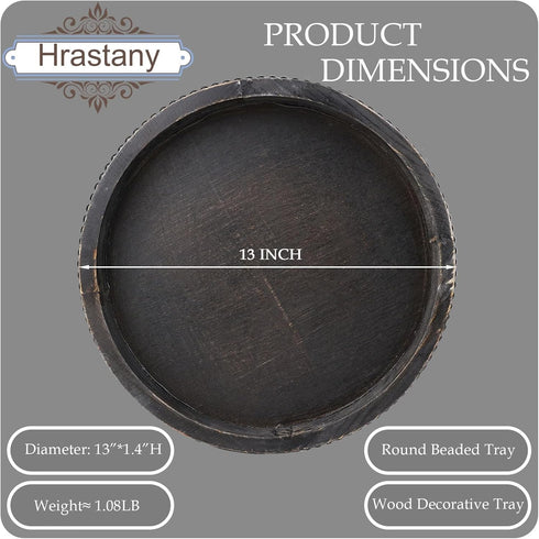 Counter Hrastany Round Wooden Serving Tray with Beads, Circle Vintage Black Wood Coffe Table Tray for Dining Room Table