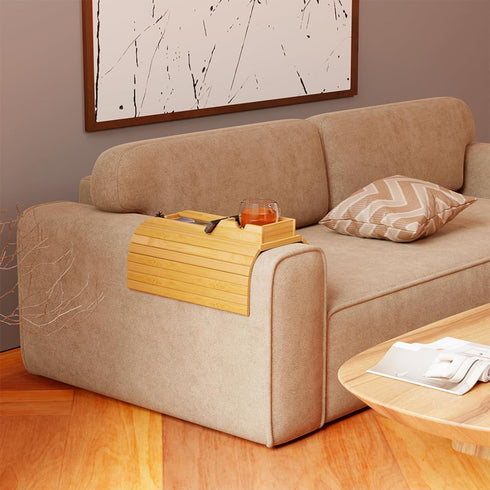 Bamboo Sofa Armrest Tray, Couch Arm Tray with Detachable Cup Holder and Anti-Slip Foldable Table Tray
