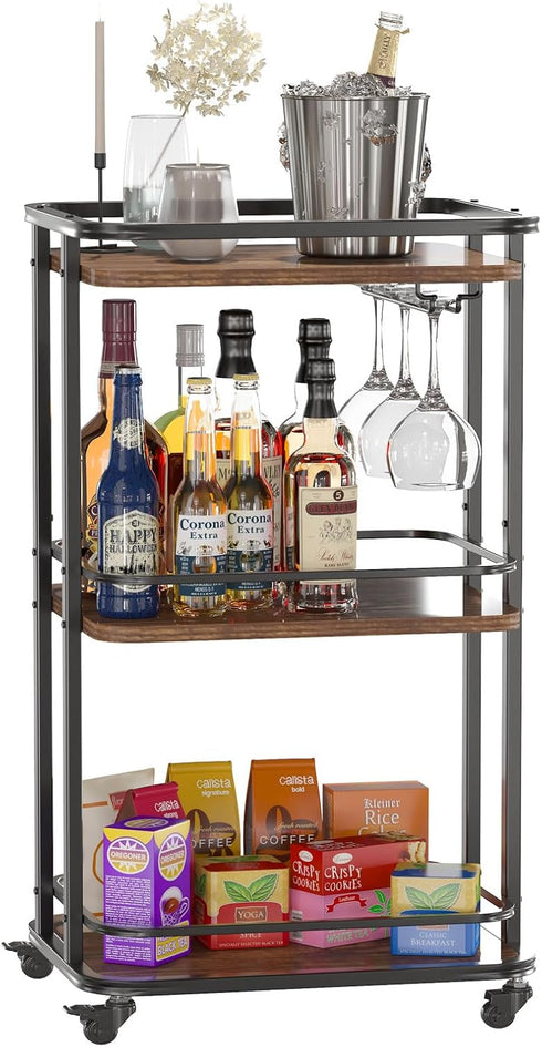 IBUYKE 3-Tier Home Bar Serving Cart,Kitchen Storage Carts with Wheels,11.79x15.72x33.01 inches,Rolling Mini