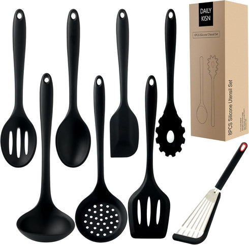 Silicone Kitchen Utensils Set, 8 PCS Heat Resistant Non-Stick Cooking Tools (Black)