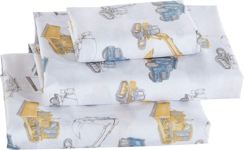 Linen Plus Sheet Set Kids/Teen Excavator Cement Dump Bulldozer Construction Vehicles White Green Yellow