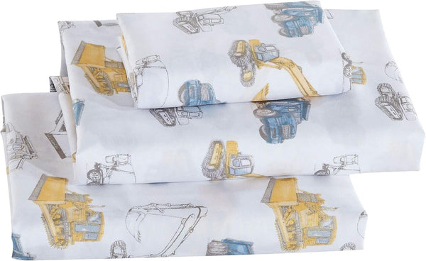 Linen Plus Sheet Set Kids/Teen Excavator Cement Dump Bulldozer Construction Vehicles White Green Yellow