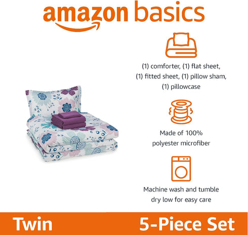 5-Piece Set Amazon Basics Soft, Easy-Wash Microfiber Kid's Bed-in-a-Bag Bedding with Sheet and Comforter, Twin, Bluish