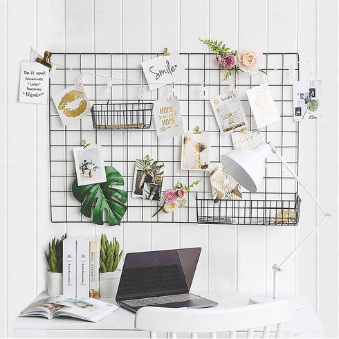 GBYAN 2 Pack Wire Wall Grid Panels with Lights and Clips, Large Photo Board for Home, Office Room Decoration