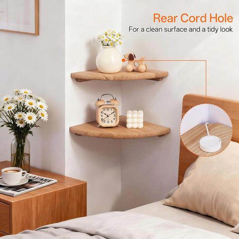 Set 2 9inch Gieanoo Floating Corner Shelves for Wall Solid Oak Rounded Corner Shelves Wall Mounted with Cable Hole Wood