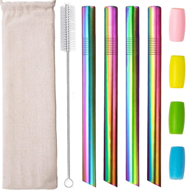 Reusable Rainbow Metal Boba Smoothie Straws, Wide Thick Angled Tip with Carry Case and Brush, 4 Pack