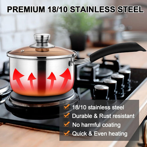LIANYU 2QT Stainless Steel Saucepan with Lid, Small Soup Milk Pan for Home Kitchen, Dishwasher Safe