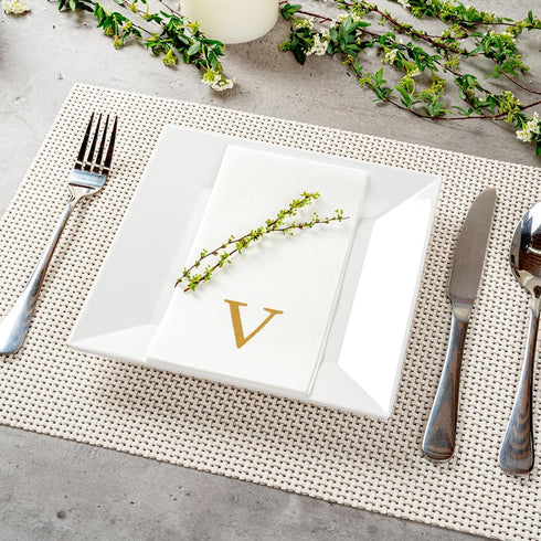15.8 7.9 Inch 50 Luxenap X Linen-Feel Guest Towels, Lettered Hand Towels - Gold Letter 'V', Sans Serif Font, White