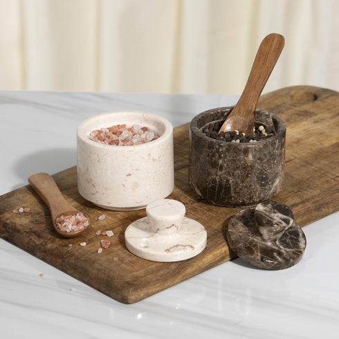 SIMPLURA STUDIO (3.5oz) Countertop Beige Marble Salt Cellar with Lid - Scratch-resistant & Easy-to-Clean Salt