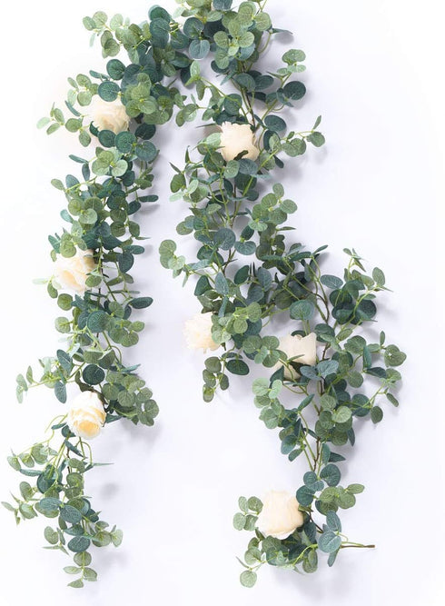PARTY JOY 6.56ft Eucalyptus Garland with 8 Champagne Roses, Lush Floral Greenery for Party Wedding Decor
