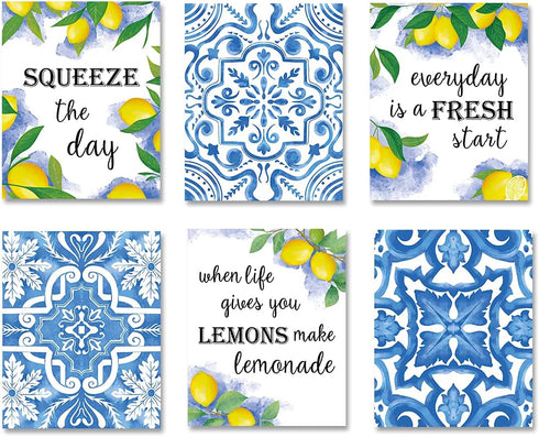 XUOIAYNB Blue Flower Pattern Lemon Art Print, Mexican Tile Lemon Fruit with Inspirational Quote Canvas Wall Art