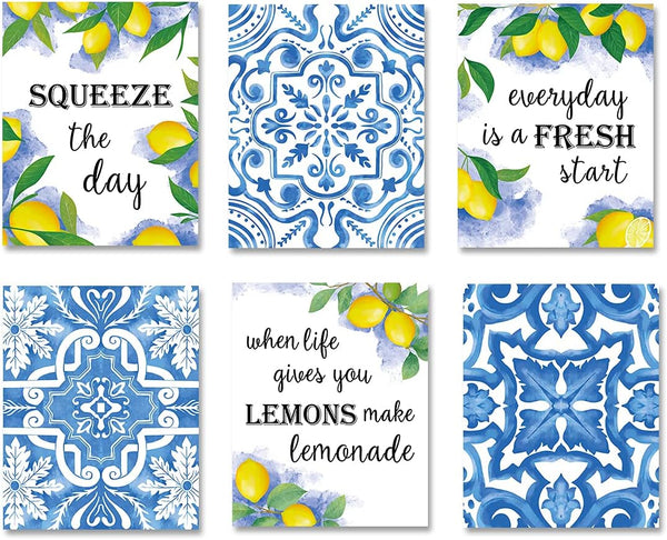 XUOIAYNB Blue Flower Pattern Lemon Art Print, Mexican Tile Lemon Fruit with Inspirational Quote Canvas Wall Art