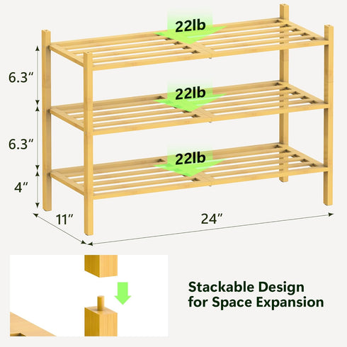 Closet 3 Bamboo Shoe Rack for Tier, Durable Wooden Shoe Rack, Space-Saving Stackable Shoe Organizer for Entryway, Dorm