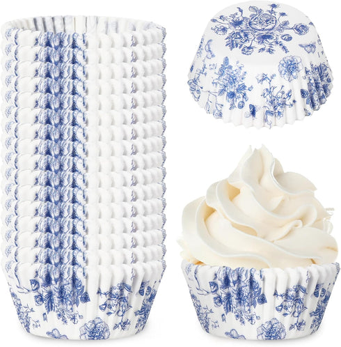 600Pcs Blue Floral Cupcake Liners, Disposable Decorative Muffin Brownie Cups for Baking Party Supplies