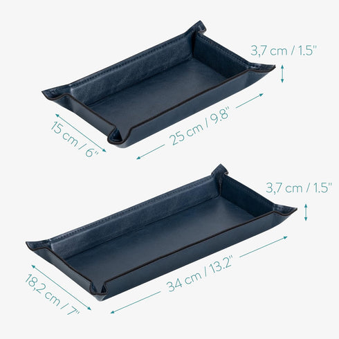 Navaris Faux Leather Tray Set - 2 Navy Blue Valet Organizer Trays for Bedside Table, Night Stand, Desk Storage