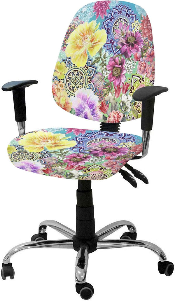 Bohemian Mandala 2 Pieces Computer Office Chair Covers Set, Stretchable Desk Rotating Slipcover, Vintage Colorful