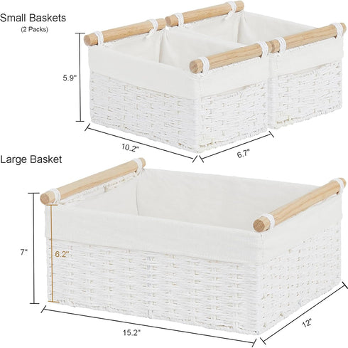 Vagusicc Wicker Storage Basket, Set of 3 Hand-woven Baskets for Organizing, Large Cube Storage Bins with Handles, White