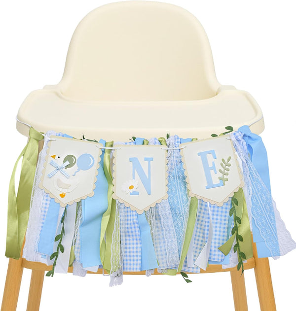 One Silly Goose High Chair Banner - Rustic Blue Ribbon Tassel Garland,
