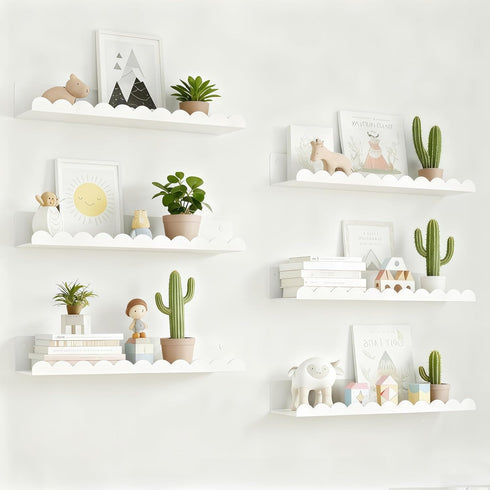 Set 6, 16 Inch Nursery Book Shelves of White Metal Floating Shelves for Wall, Scalloped Book Shelf for Kids Room