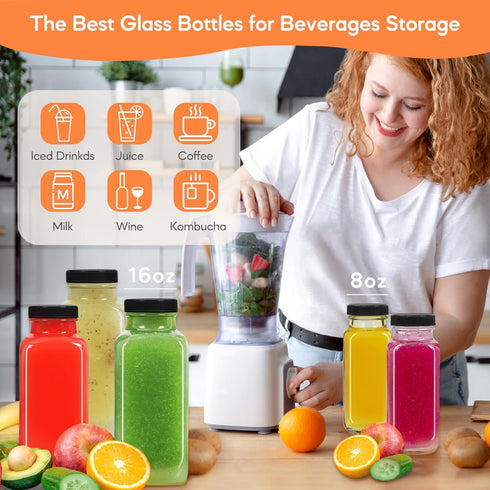 STARSIDE 8 oz Glass Juice Bottles with Lids - 6 Pack Reusable Drink Bottles for Juicing, Kombucha, Beverages