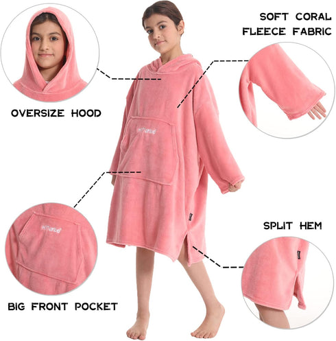 5-12 Hiturbo Kids Towel Changing Robe: Soft Plush Wearable Blanket - Warm Coral Fleece Hoodie - Swim Surf Poncho