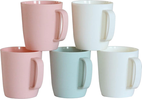Set of 5 Coffee Mugs - 10 Ounce Unbreakable Plastic Cups with Handle, 3 Basic Colors, Dishwasher Safe