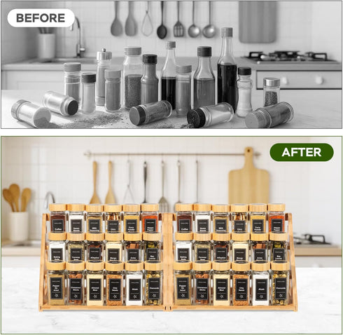 FIKWO 3 18 780 Set Countertop, 4 oz Tier Bamboo Spice Rack Organizer with Spice Jars, Labels, Wood Shelf, Chalk Marker