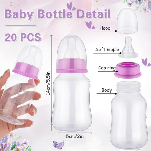 TrelaCo Baby Shower Game Sign, 20 Pcs Baby Bottles Favor Set with Greenery Flowers, Bear, Butterfly (Purple, Butterfly)