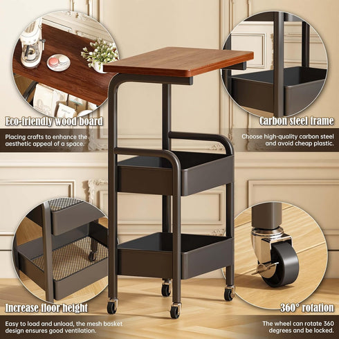 3 2 Tier Metal Rolling Utility Cart Organizer with Walnut Table Top, Stable and Sturdy Rolling Storage Carts