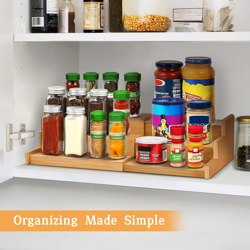 Expandable 3 Tier Bamboo Spice Rack Organizer, Great for Kitchen Cabinet, Cupboard, Pantry