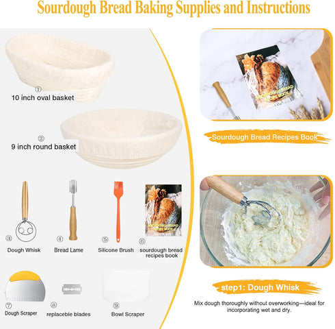 Set Liners,9 Inch 10 Inch FEIERYA Banneton Bread Proofing Basket with Round & Oval Sourdough Baking Kit