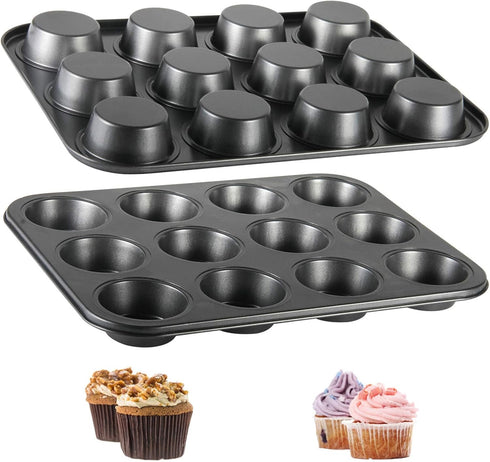 Muffin Tin Set of 2, 12-Well Nonstick Heavy Duty Steel Cupcake Pan