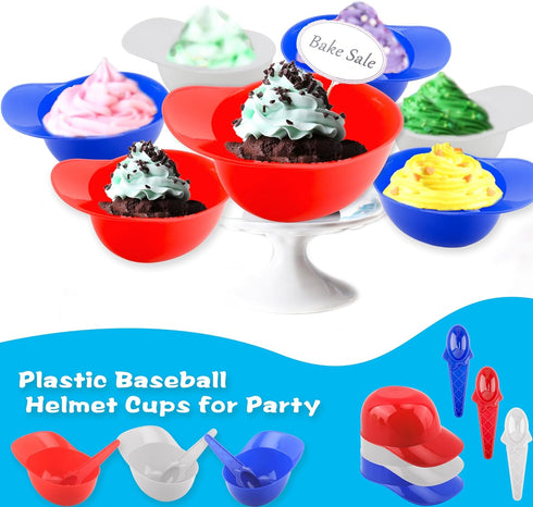 12 Pack Baseball Helmet Ice Cream Bowls, 8 oz Plastic Cap Bowls with Disposable Dessert Spoons for Kids