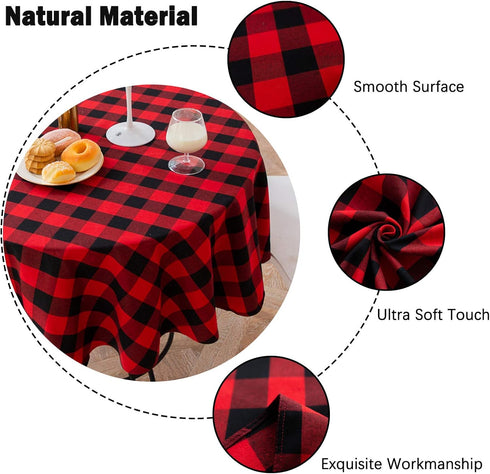 Buffalo Check Christmas Round Tablecloth - Cotton Linen Plaid Cover for 60 Inch Round Table Decoration