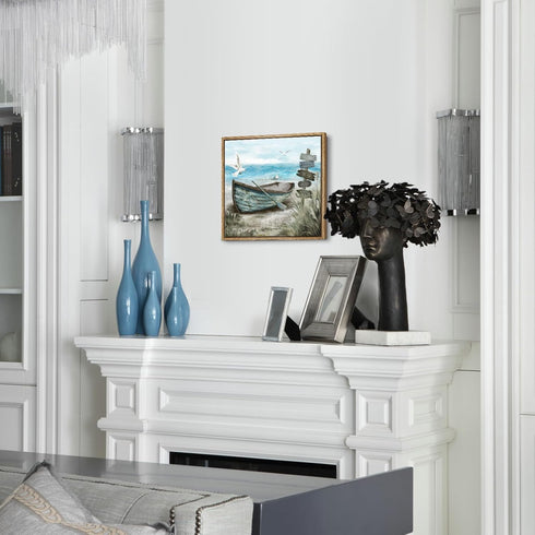 Framed Beach Décor Canvas Picture - Coastal Ocean Artwork with Sea Bird Boat for Bathroom Bedroom Living Room