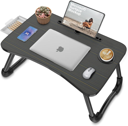 Zapuno Foldable Laptop Bed Table Multi-Function Lap Serving Tray Dining Table with Storage Drawer and Water Bottle