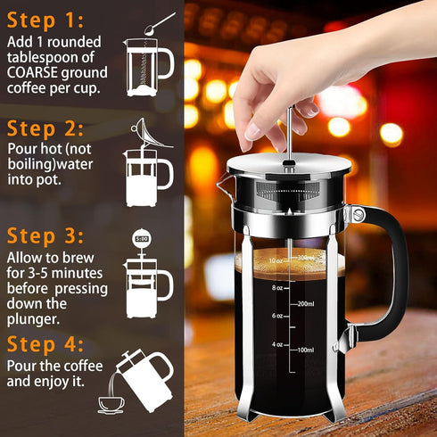 French Press Coffee Maker, 304 Stainless Steel with 4 Filters System, Heat Resistant Borosilicate Glass, BPA-Free